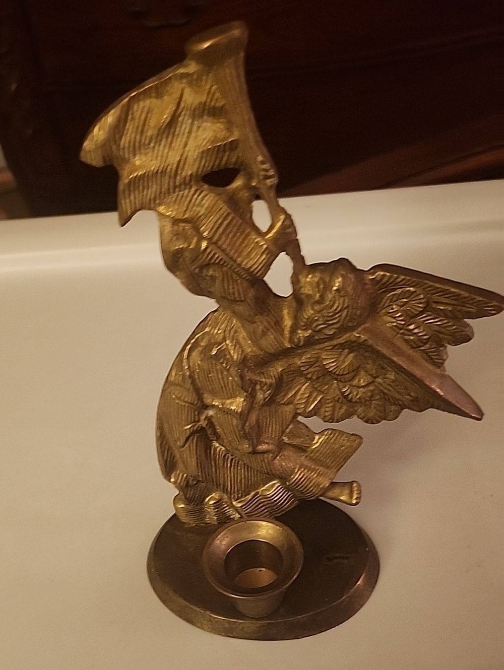 Brass Angel Candle Holder - Ornate Winged Figure
